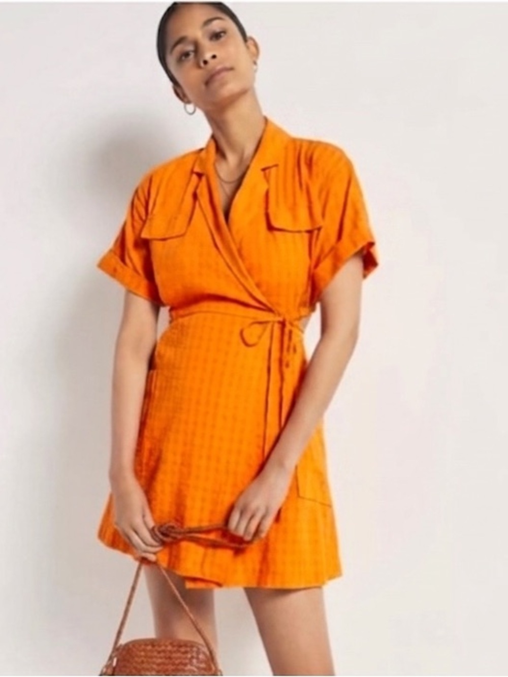 Anthropologie Vibrant Orange Wrap Mini Dress With Cut Out Size Medium.
